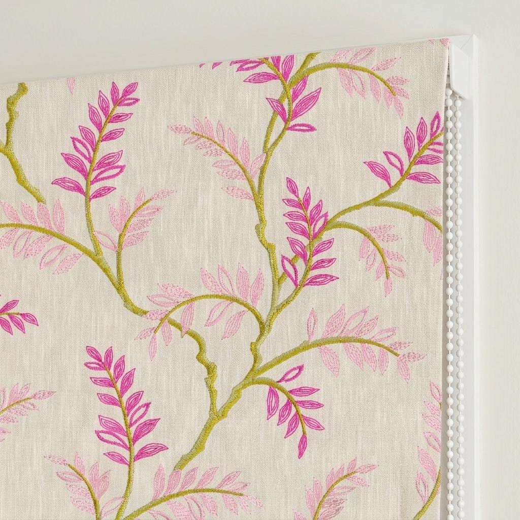 Ivory Pink Green Embroidered Linen Roman Shade, Botanical Floral Custom Corded Blind, Blackout Liner — image 4