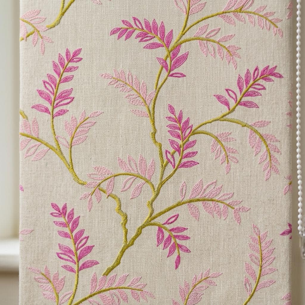 Ivory Pink Green Embroidered Linen Roman Shade, Botanical Floral Custom Corded Blind, Blackout Liner — image 8