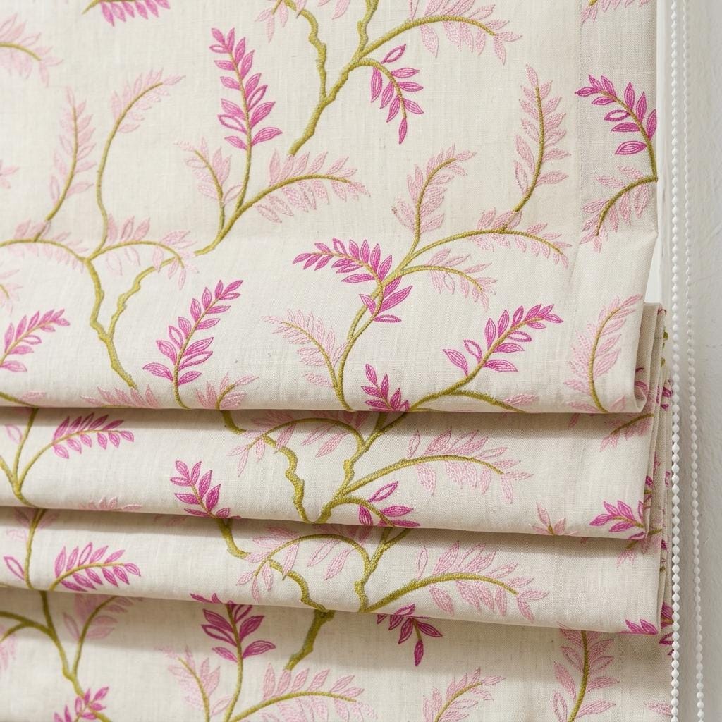 Ivory Pink Green Embroidered Linen Roman Shade, Botanical Floral Custom Corded Blind, Blackout Liner — image 1