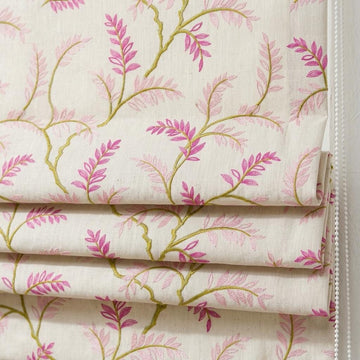 Ivory Pink Green Embroidered Linen Roman Shade, Botanical Floral Custom Corded Blind, Blackout Liner — image 1