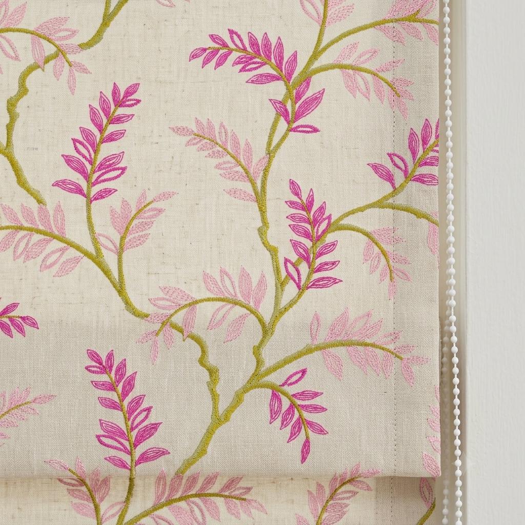 Ivory Pink Green Embroidered Linen Roman Shade, Botanical Floral Custom Corded Blind, Blackout Liner — image 7