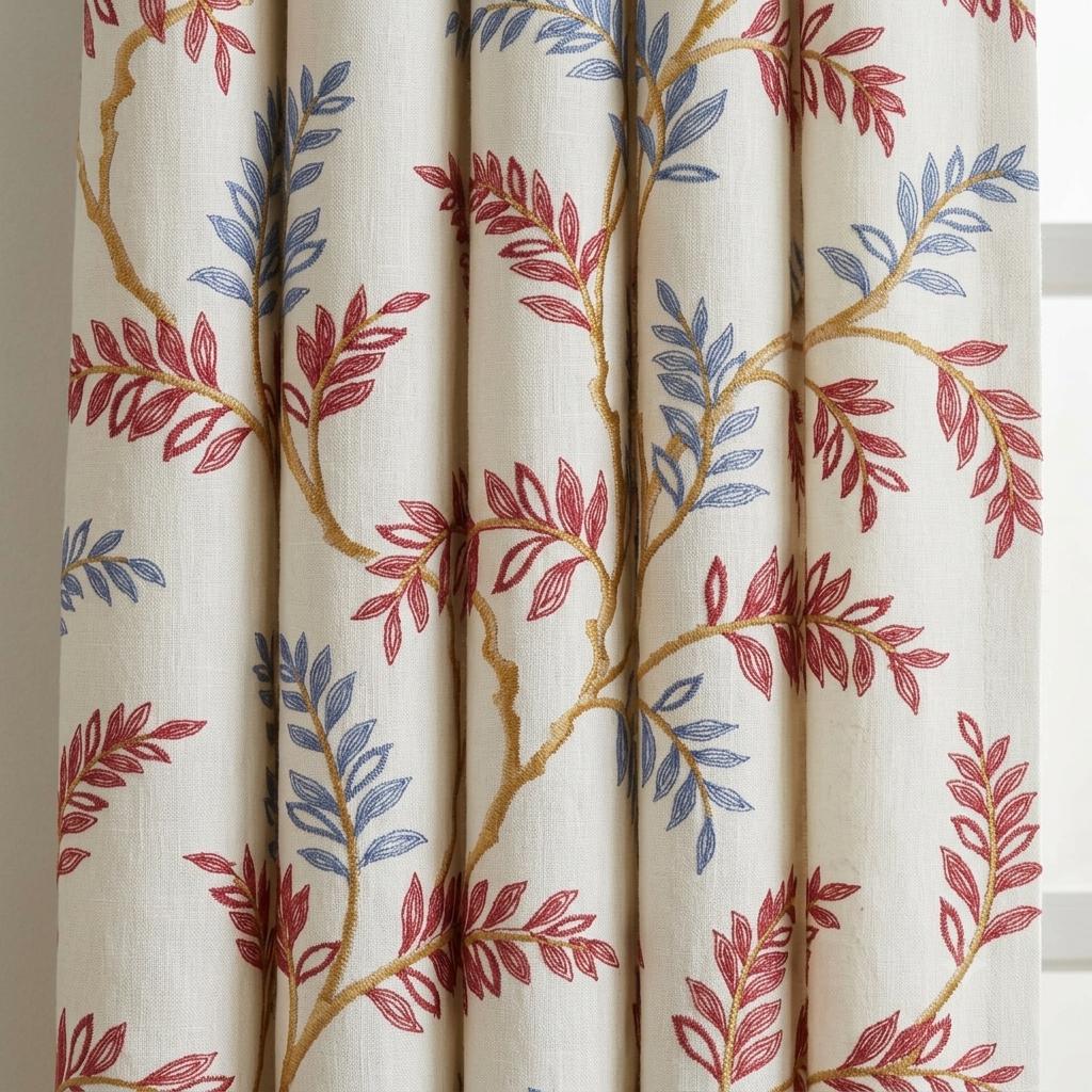 White Pure Linen Curtains, Rust Red Dusty Blue Embroidered Botanical Vine, Custom Blackout or Light Filtering Drapes — image 10