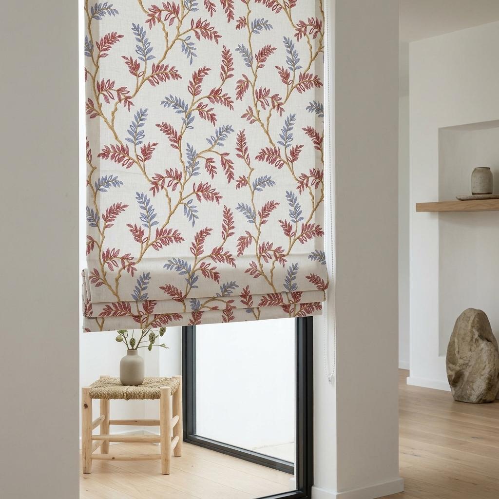 White Linen Roman Shade, Rust Red Dusty Blue Botanical Embroidery, Custom Corded Roman Blind, Blackout — image 6