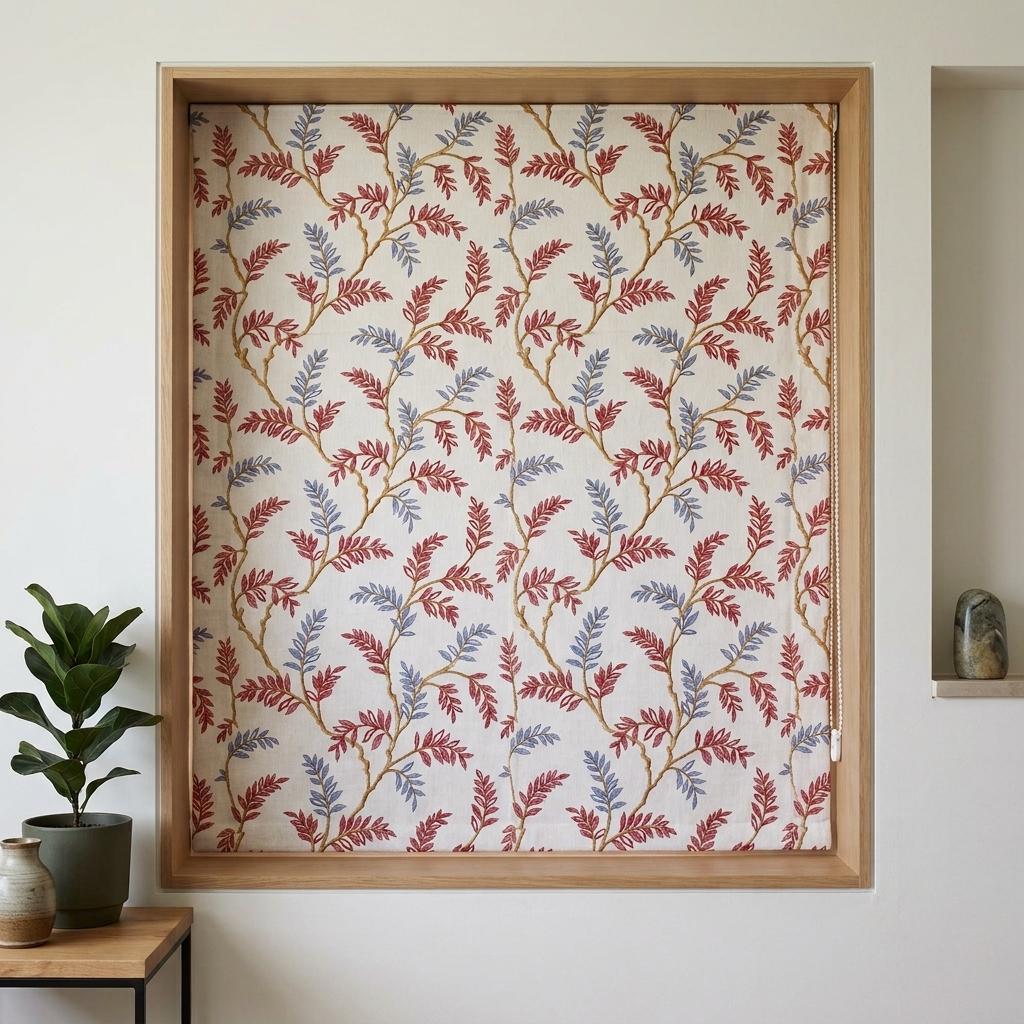 White Linen Roman Shade, Rust Red Dusty Blue Botanical Embroidery, Custom Corded Roman Blind, Blackout — image 4