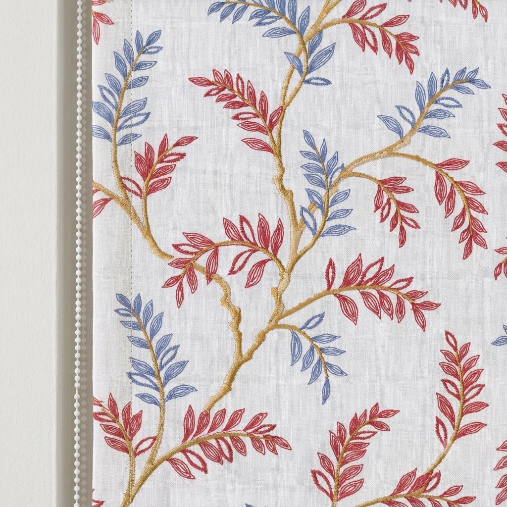 White Linen Roman Shade, Rust Red Dusty Blue Botanical Embroidery, Custom Corded Roman Blind, Blackout — image 5