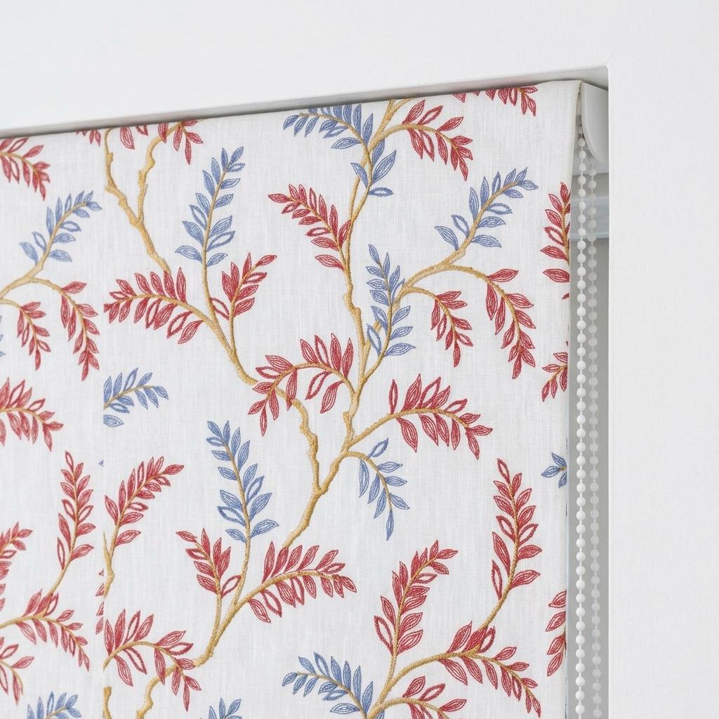 White Linen Roman Shade, Rust Red Dusty Blue Botanical Embroidery, Custom Corded Roman Blind, Blackout — image 9