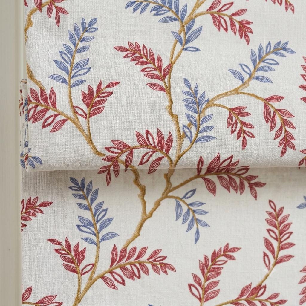 White Linen Roman Shade, Rust Red Dusty Blue Botanical Embroidery, Custom Corded Roman Blind, Blackout — image 7