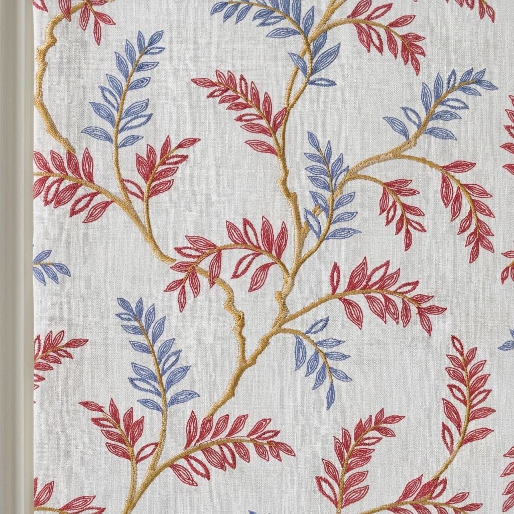 White Linen Roman Shade, Rust Red Dusty Blue Botanical Embroidery, Custom Corded Roman Blind, Blackout — image 10