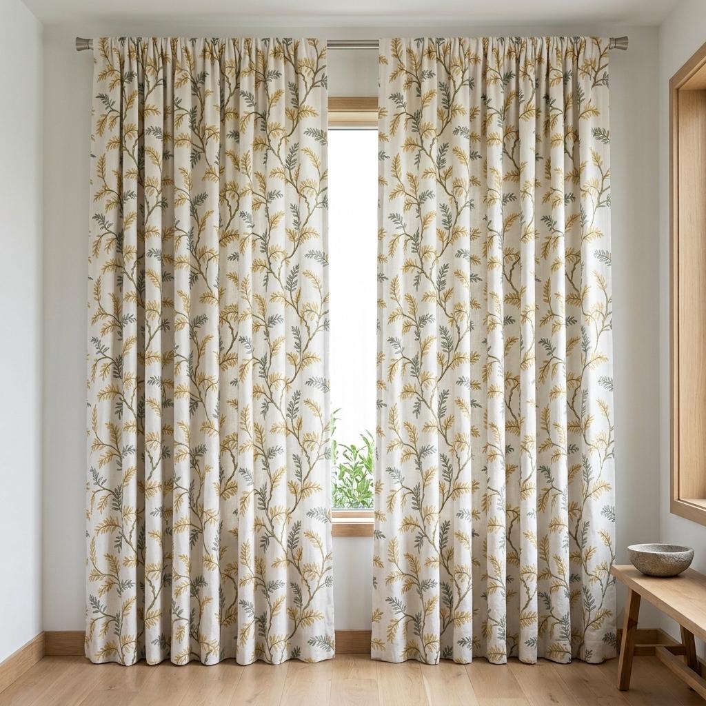 Ivory Pure Linen Curtains, Sage Green Mustard Botanical Embroidery, Custom Blackout or Light Filtering Drapes — image 3