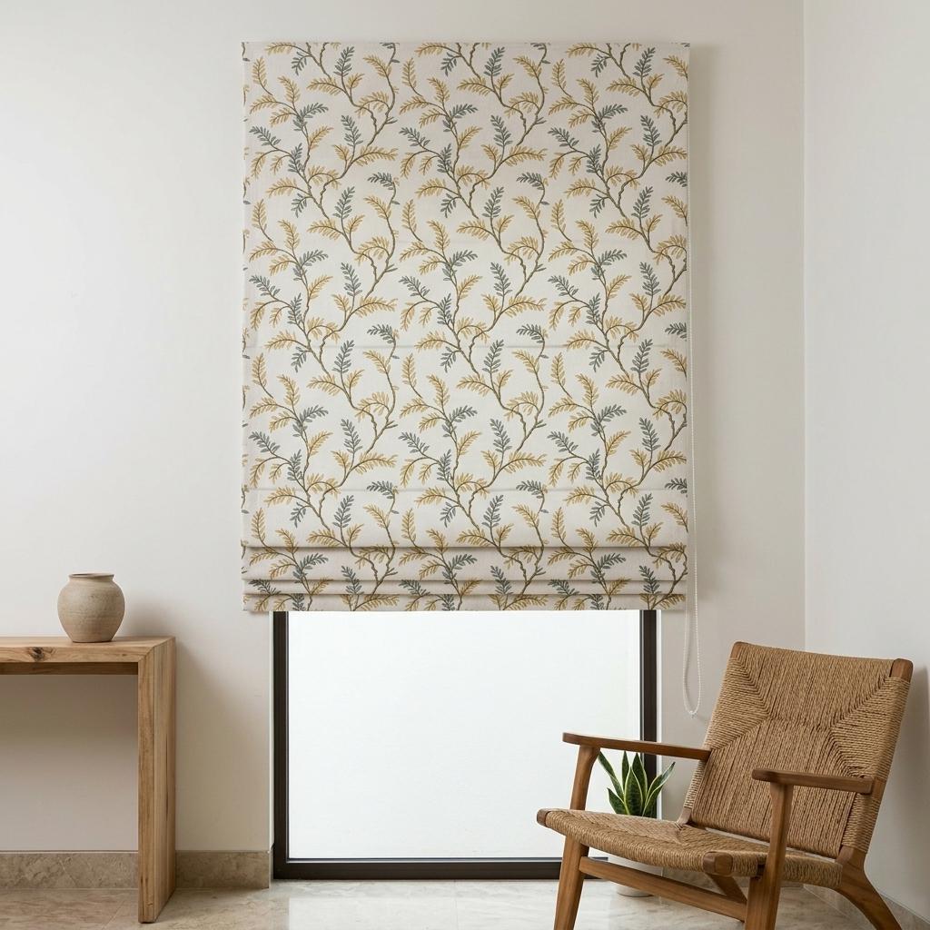 Ivory Linen Roman Shade, Sage Mustard Botanical Embroidery, Custom Corded Window Blind, Blackout Lined — image 6