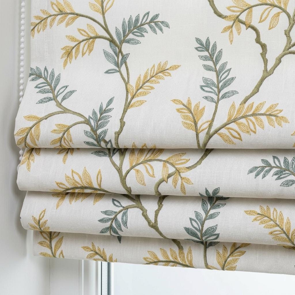 Ivory Linen Roman Shade, Sage Mustard Botanical Embroidery, Custom Corded Window Blind, Blackout Lined — image 1