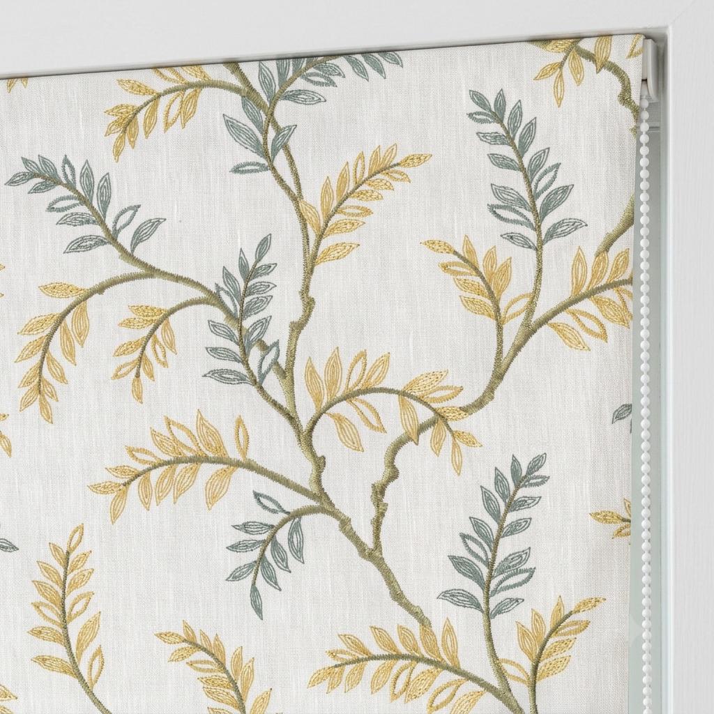 Ivory Linen Roman Shade, Sage Mustard Botanical Embroidery, Custom Corded Window Blind, Blackout Lined — image 4