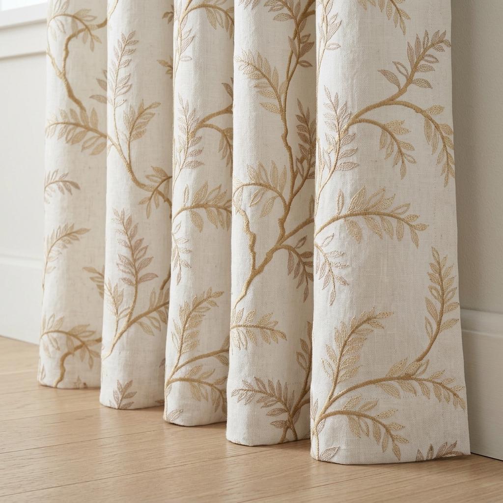 Ivory Pure Linen Curtains, Beige Gold Embroidered Botanical Vine, Custom Blackout or Light Filtering Drapes — image 6