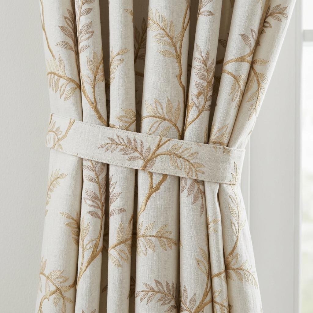 Ivory Pure Linen Curtains, Beige Gold Embroidered Botanical Vine, Custom Blackout or Light Filtering Drapes — image 2