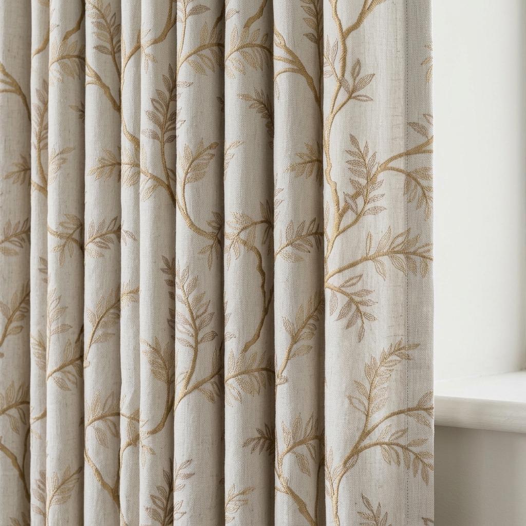 Ivory Pure Linen Curtains, Beige Gold Embroidered Botanical Vine, Custom Blackout or Light Filtering Drapes — image 1