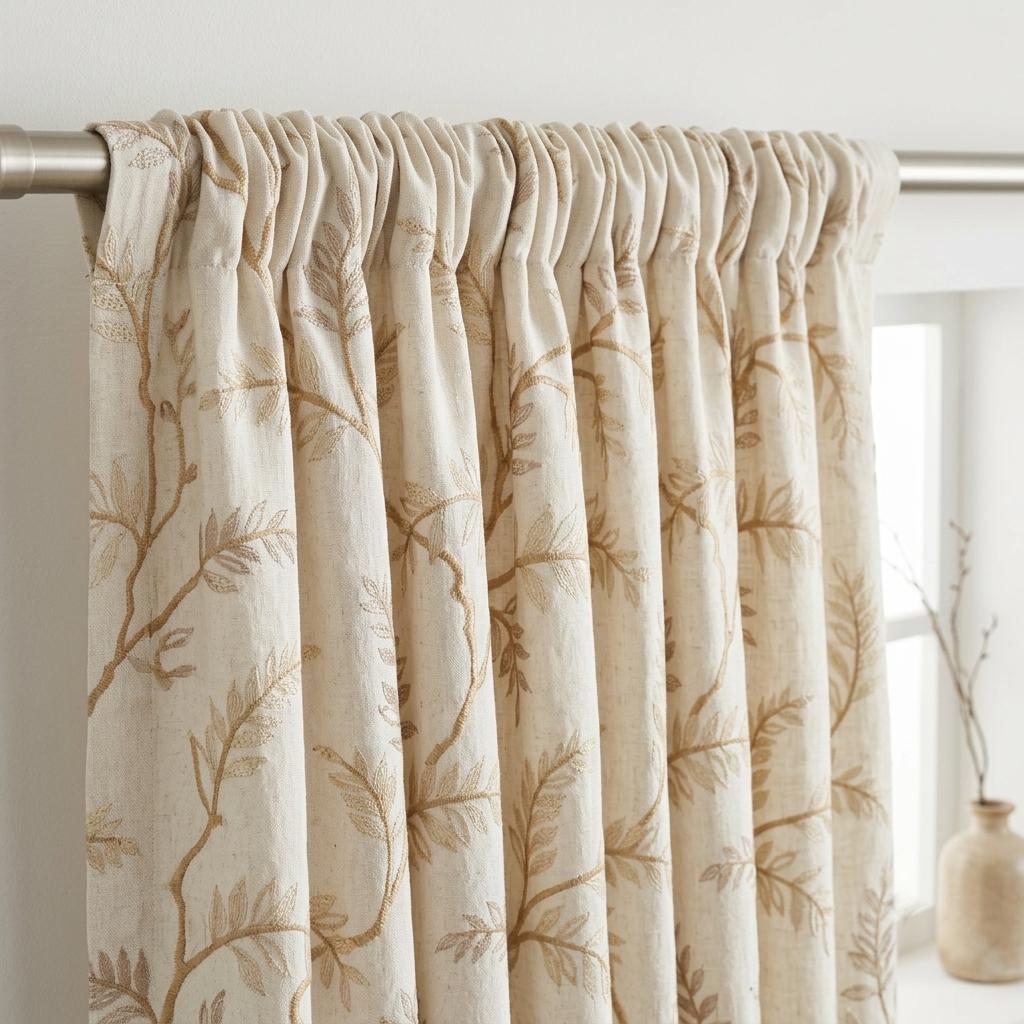 Ivory Pure Linen Curtains, Beige Gold Embroidered Botanical Vine, Custom Blackout or Light Filtering Drapes — image 4