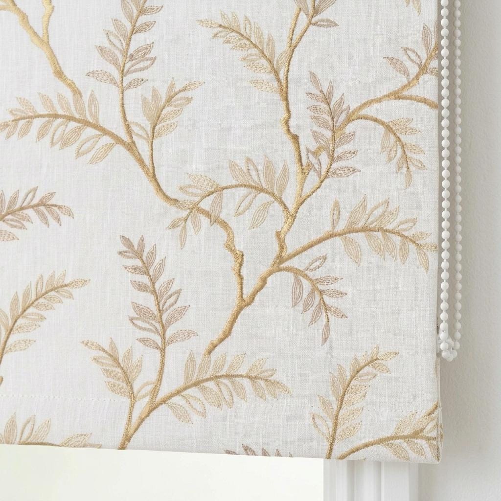 Ivory Beige Embroidered Linen Roman Shade, Gold Botanical Custom Corded Blind, Blackout or Light Filtering — image 1