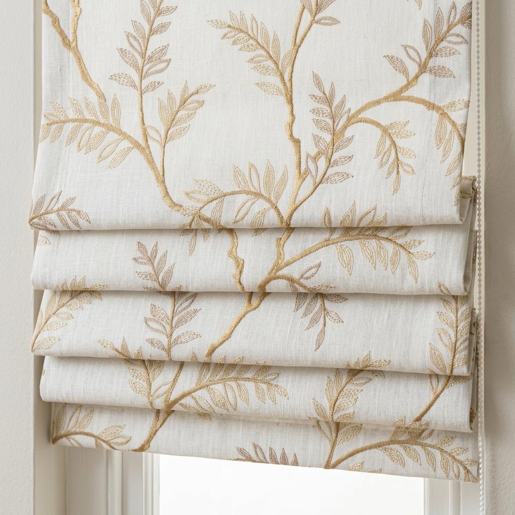 Ivory Beige Embroidered Linen Roman Shade, Gold Botanical Custom Corded Blind, Blackout or Light Filtering — image 1