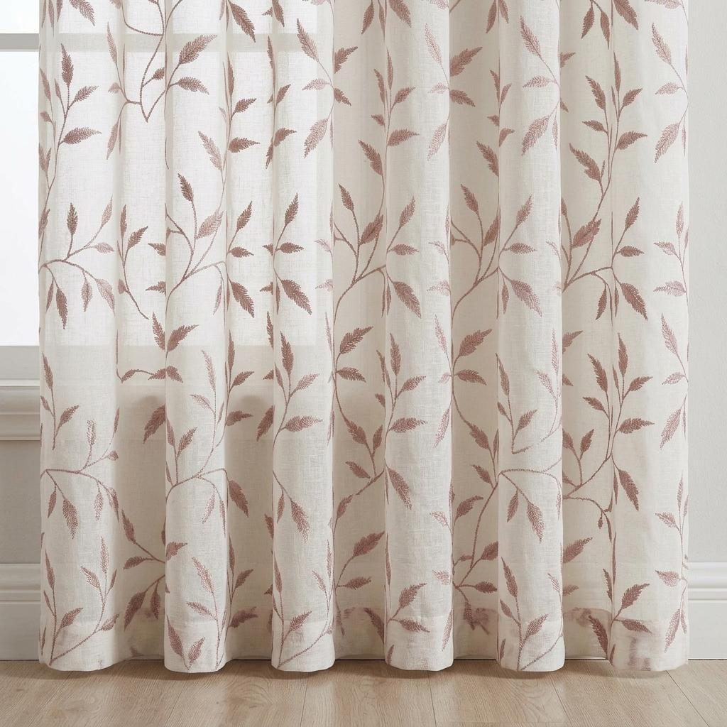 Ivory Pure Linen Sheer Curtains, Dusty Rose Pink Embroidered Leaf Vine, Custom Light Filtering Drapes — image 4