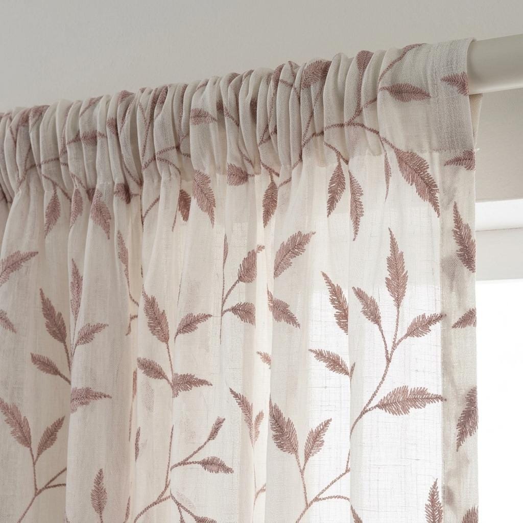 Ivory Pure Linen Sheer Curtains, Dusty Rose Pink Embroidered Leaf Vine, Custom Light Filtering Drapes — image 3