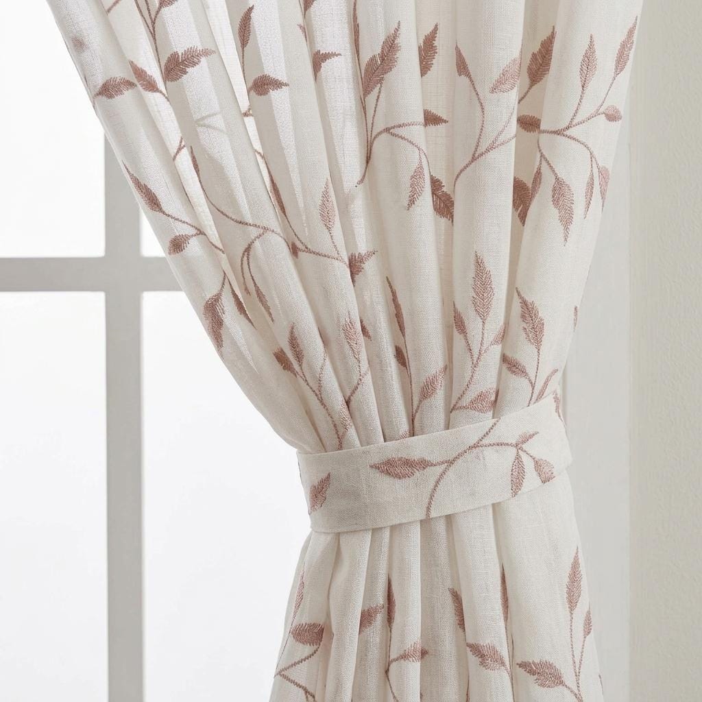 Ivory Pure Linen Sheer Curtains, Dusty Rose Pink Embroidered Leaf Vine, Custom Light Filtering Drapes — image 2