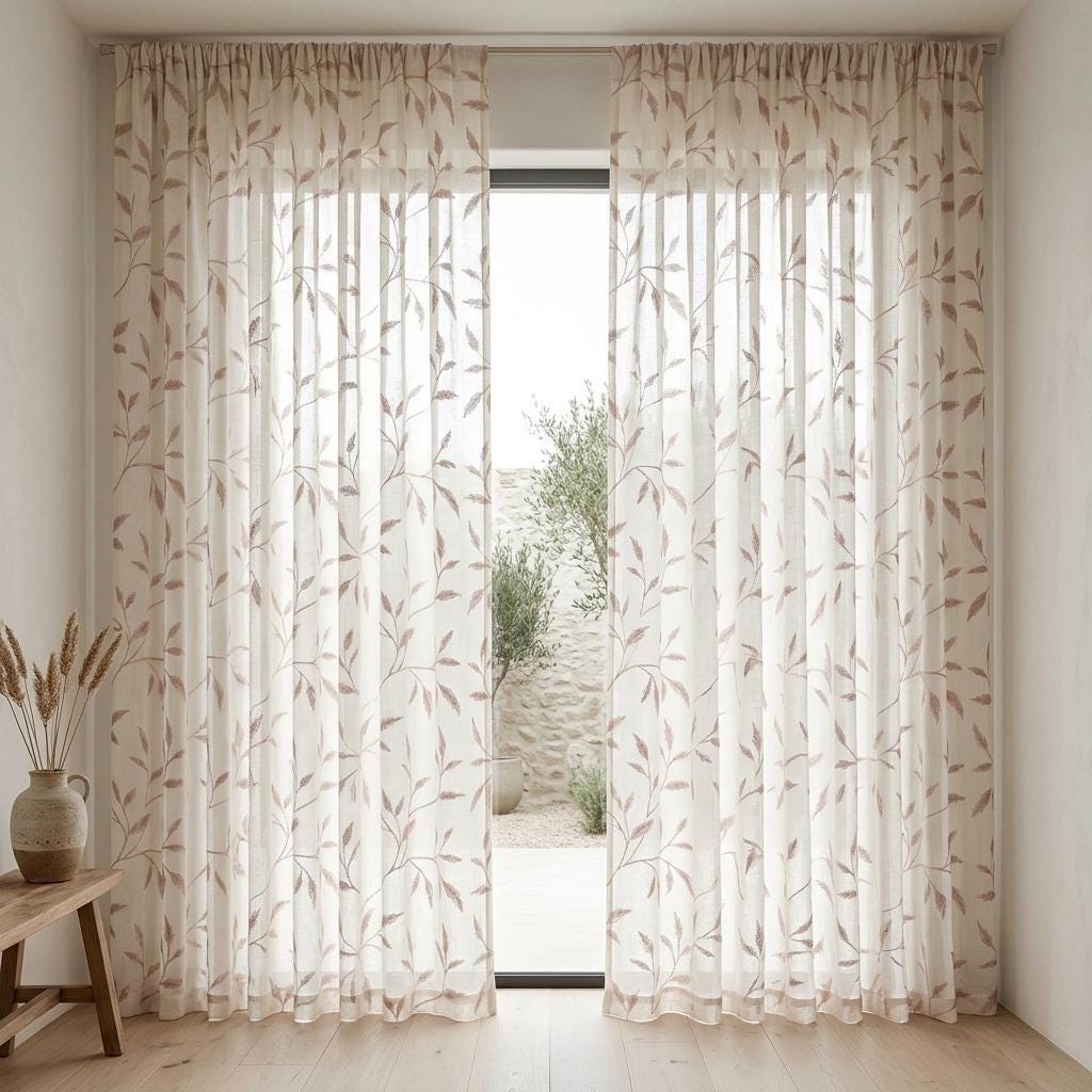 Ivory Pure Linen Sheer Curtains, Dusty Rose Pink Embroidered Leaf Vine, Custom Light Filtering Drapes — image 6