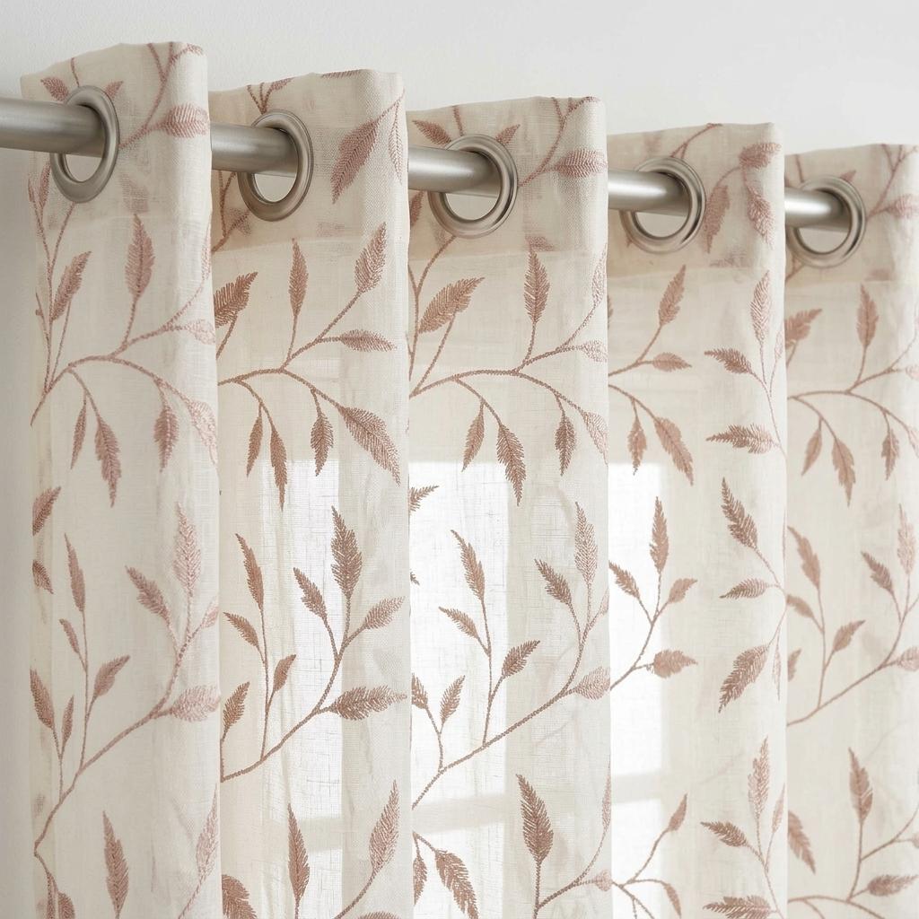 Ivory Pure Linen Sheer Curtains, Dusty Rose Pink Embroidered Leaf Vine, Custom Light Filtering Drapes — image 9