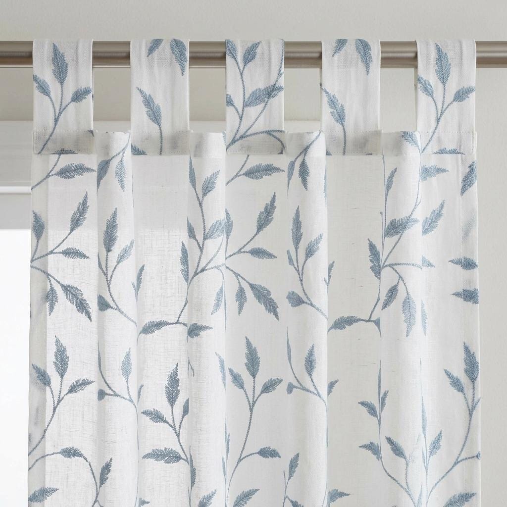 White Pure Linen Sheer Curtains, Dusty Blue Gray Embroidered Leaf Vine, Custom Light Filtering Drapes — image 1
