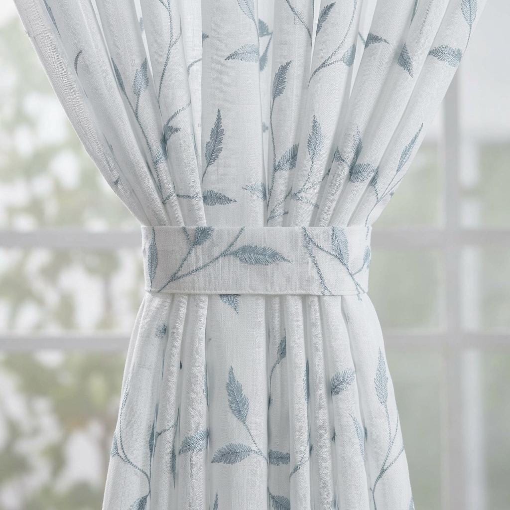 White Pure Linen Sheer Curtains, Dusty Blue Gray Embroidered Leaf Vine, Custom Light Filtering Drapes — image 4