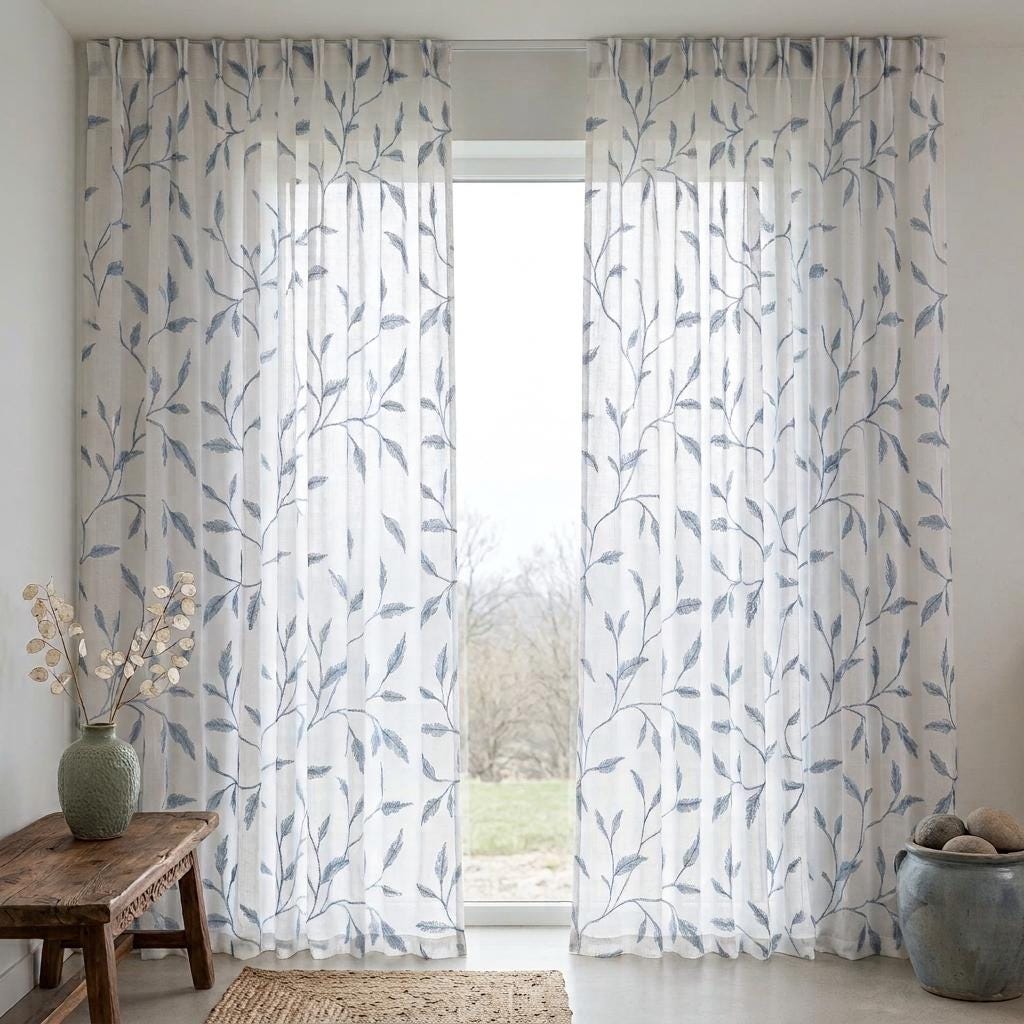 White Pure Linen Sheer Curtains, Dusty Blue Gray Embroidered Leaf Vine, Custom Light Filtering Drapes — image 7