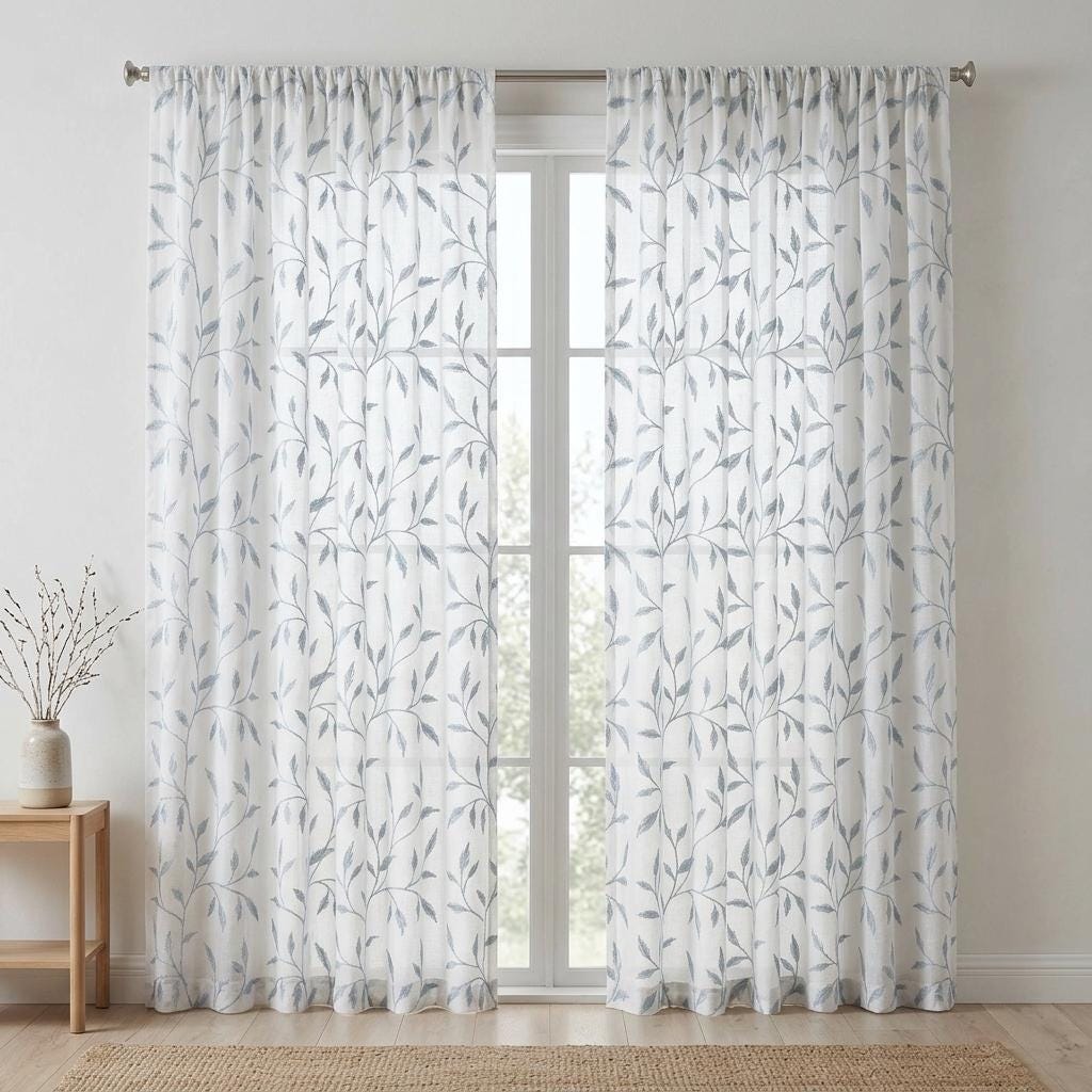 White Pure Linen Sheer Curtains, Dusty Blue Gray Embroidered Leaf Vine, Custom Light Filtering Drapes — image 5