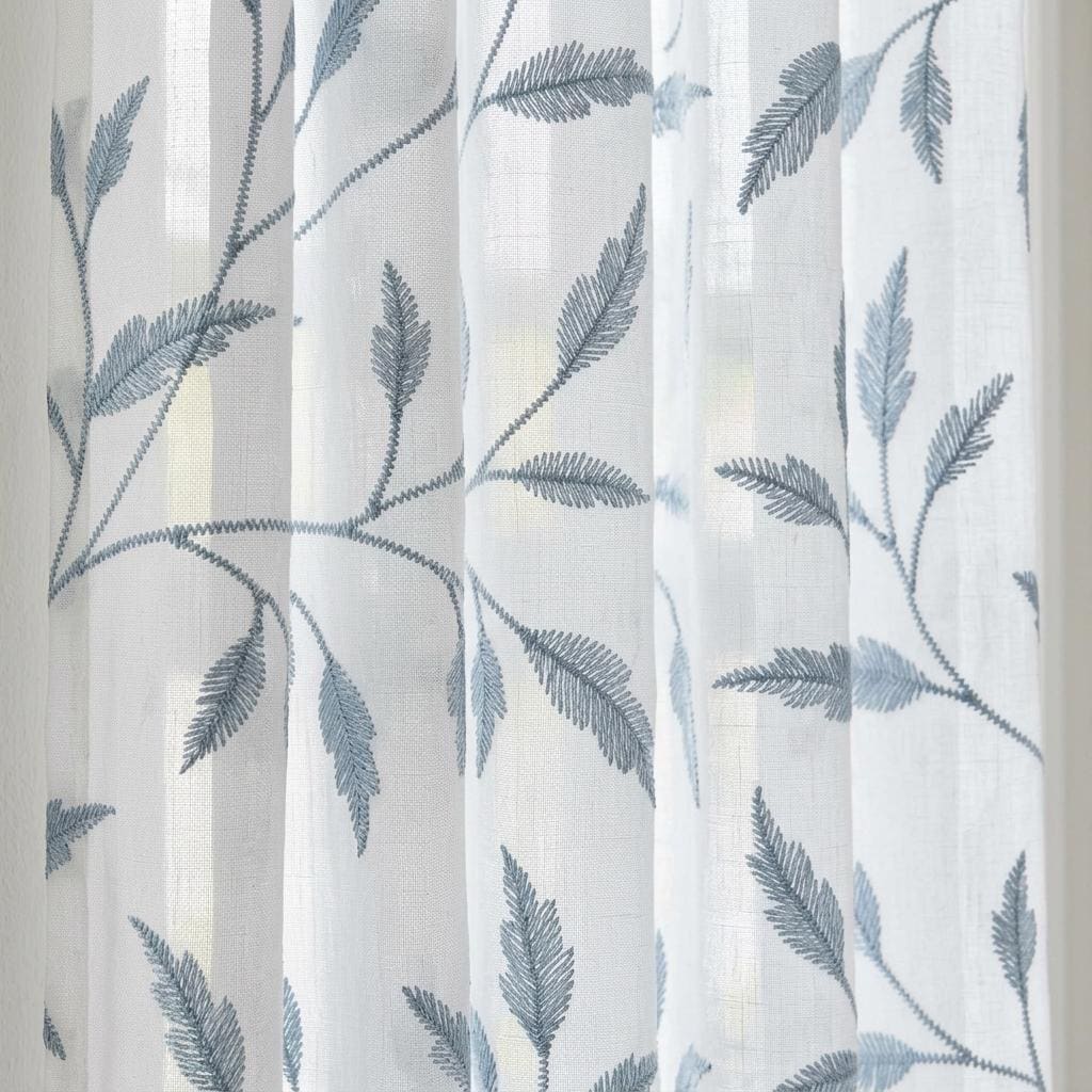 White Pure Linen Sheer Curtains, Dusty Blue Gray Embroidered Leaf Vine, Custom Light Filtering Drapes — image 9