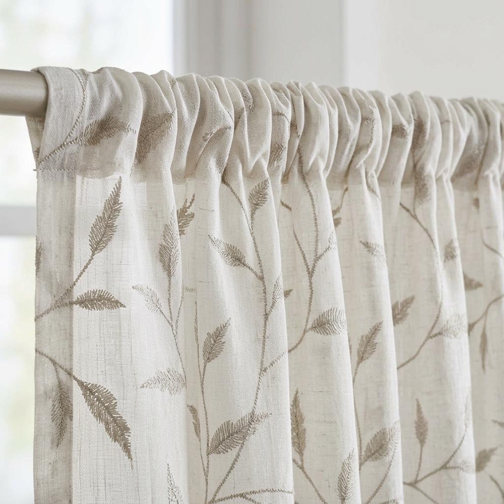 White Pure Linen Sheer Curtains, Sage Gray Embroidered Leaf Vine, Custom Light Filtering Drapes — image 3