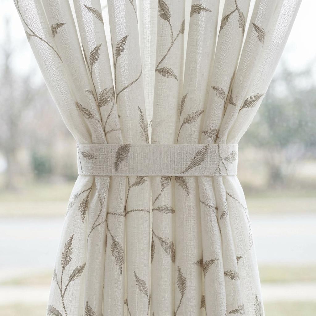White Pure Linen Sheer Curtains, Sage Gray Embroidered Leaf Vine, Custom Light Filtering Drapes — image 2