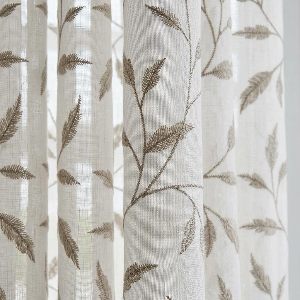 White Pure Linen Sheer Curtains, Sage Gray Embroidered Leaf Vine, Custom Light Filtering Drapes — image 6