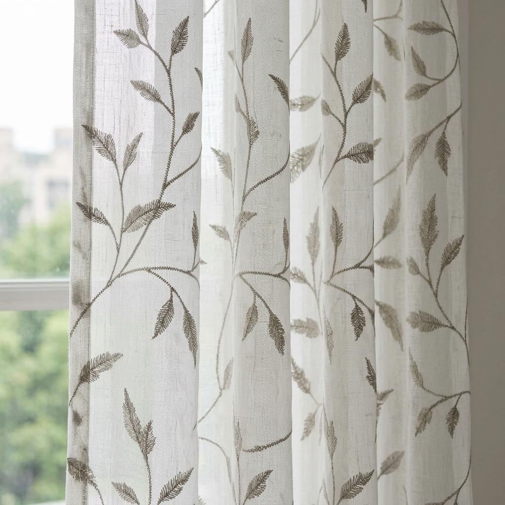 White Pure Linen Sheer Curtains, Sage Gray Embroidered Leaf Vine, Custom Light Filtering Drapes — image 1