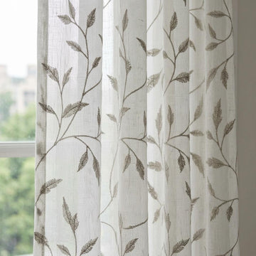 White Pure Linen Sheer Curtains, Sage Gray Embroidered Leaf Vine, Custom Light Filtering Drapes — image 1