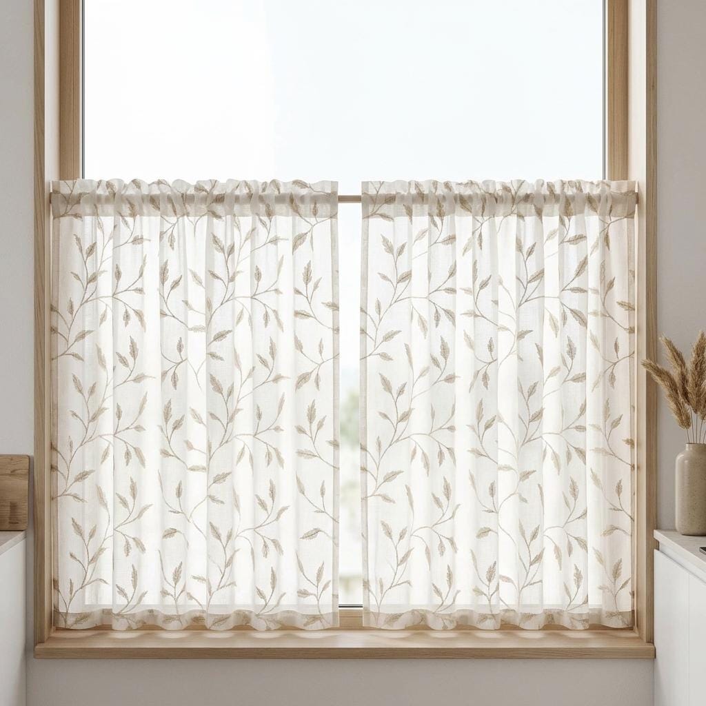 White Pure Linen Sheer Curtains, Champagne Gold Embroidered Leaf Vine, Custom Light Filtering Drapes — image 8
