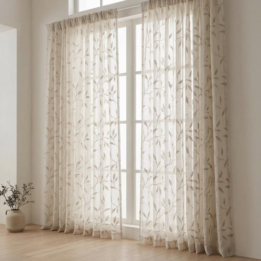 White Pure Linen Sheer Curtains, Champagne Gold Embroidered Leaf Vine, Custom Light Filtering Drapes — image 6