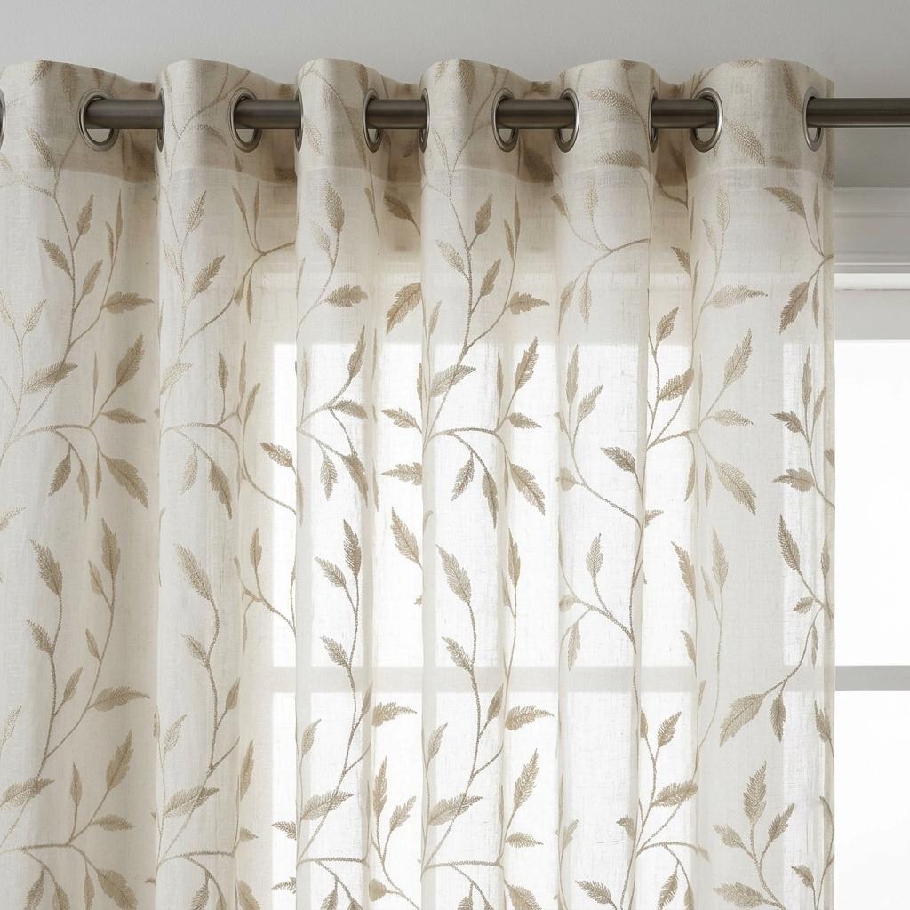 White Pure Linen Sheer Curtains, Champagne Gold Embroidered Leaf Vine, Custom Light Filtering Drapes — image 4