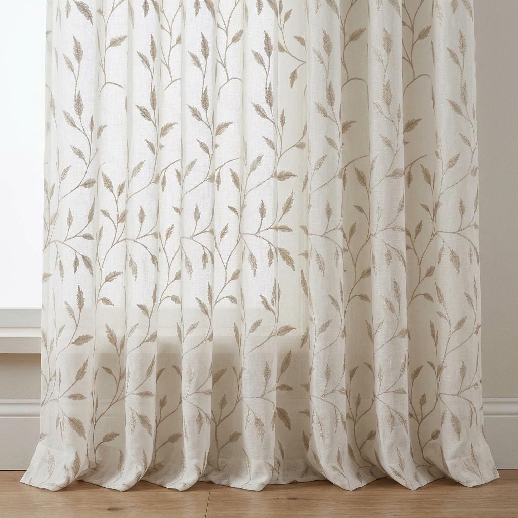 White Pure Linen Sheer Curtains, Champagne Gold Embroidered Leaf Vine, Custom Light Filtering Drapes — image 3