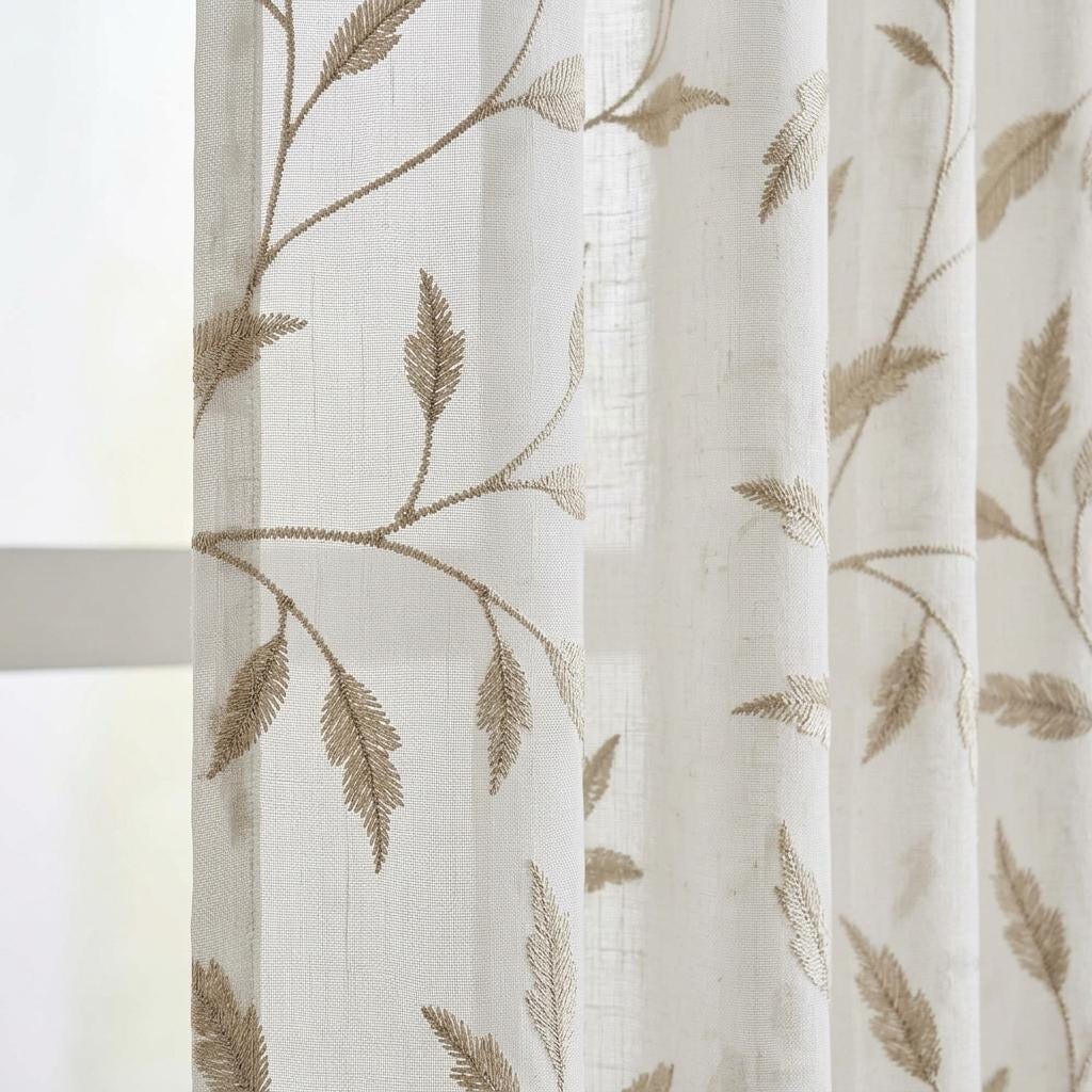 White Pure Linen Sheer Curtains, Champagne Gold Embroidered Leaf Vine, Custom Light Filtering Drapes — image 1
