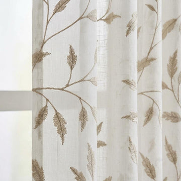 White Pure Linen Sheer Curtains, Champagne Gold Embroidered Leaf Vine, Custom Light Filtering Drapes — image 1
