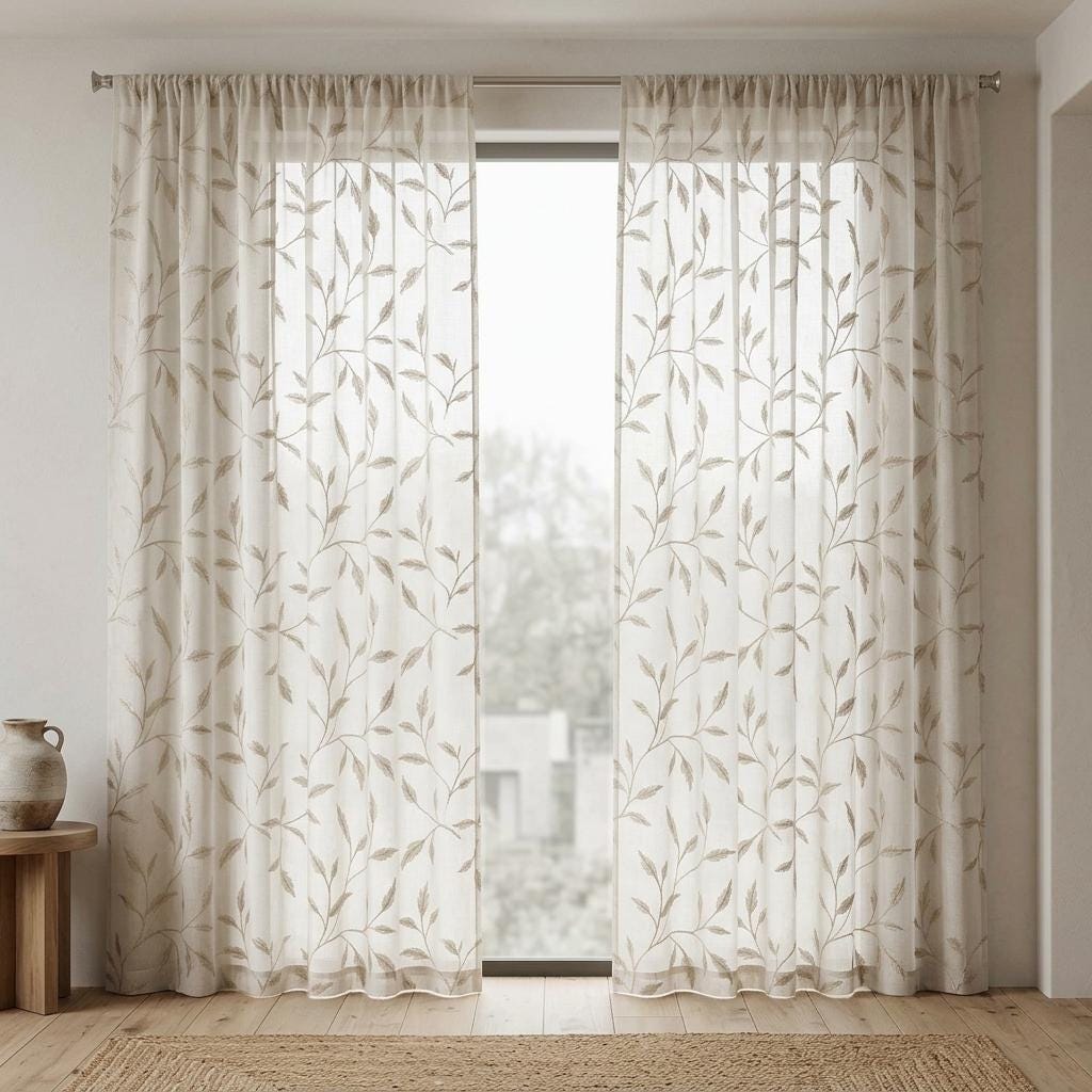White Pure Linen Sheer Curtains, Champagne Gold Embroidered Leaf Vine, Custom Light Filtering Drapes — image 5