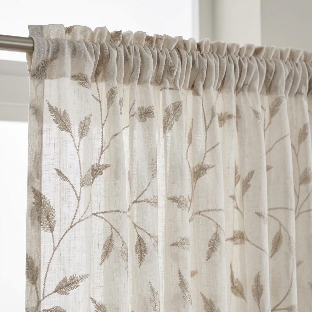 White Pure Linen Sheer Curtains, Champagne Gold Embroidered Leaf Vine, Custom Light Filtering Drapes — image 7