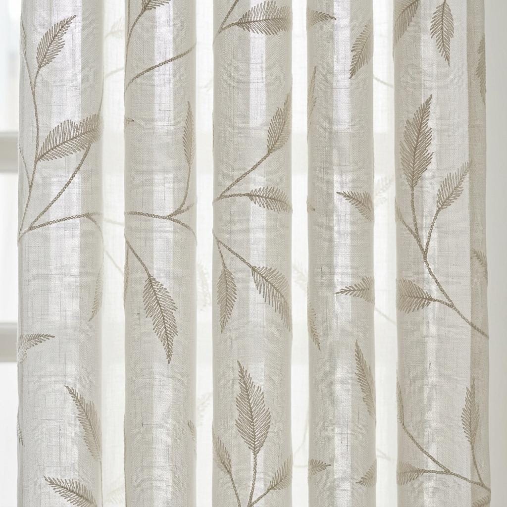 White on White Pure Linen Sheer Curtains, Tone on Tone Embroidered Leaf Vine, Custom Light Filtering Drapes — image 9
