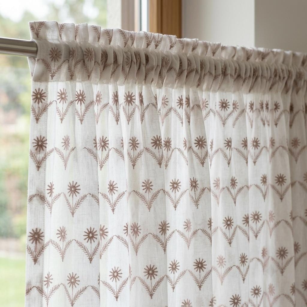 White Pure Linen Sheer Curtains, Dusty Rose Embroidered Daisy Floral, Custom Light Filtering Drapes — image 3