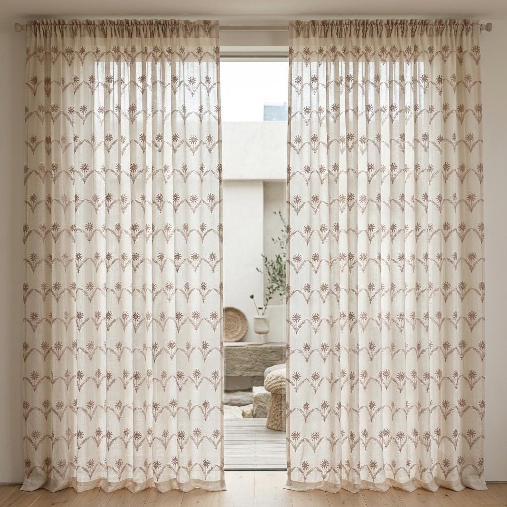 White Pure Linen Sheer Curtains, Dusty Rose Embroidered Daisy Floral, Custom Light Filtering Drapes — image 8