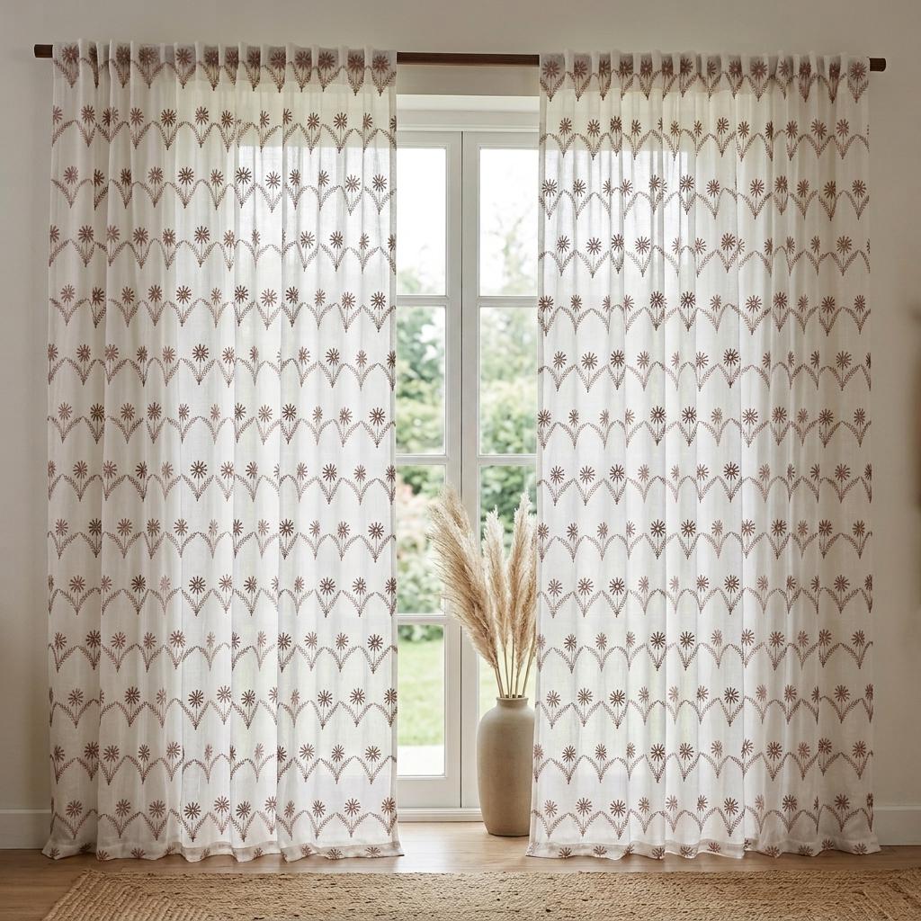 White Pure Linen Sheer Curtains, Dusty Rose Embroidered Daisy Floral, Custom Light Filtering Drapes — image 5