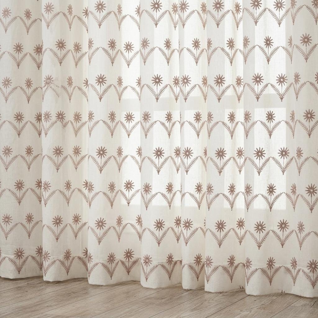 White Pure Linen Sheer Curtains, Dusty Rose Embroidered Daisy Floral, Custom Light Filtering Drapes — image 4